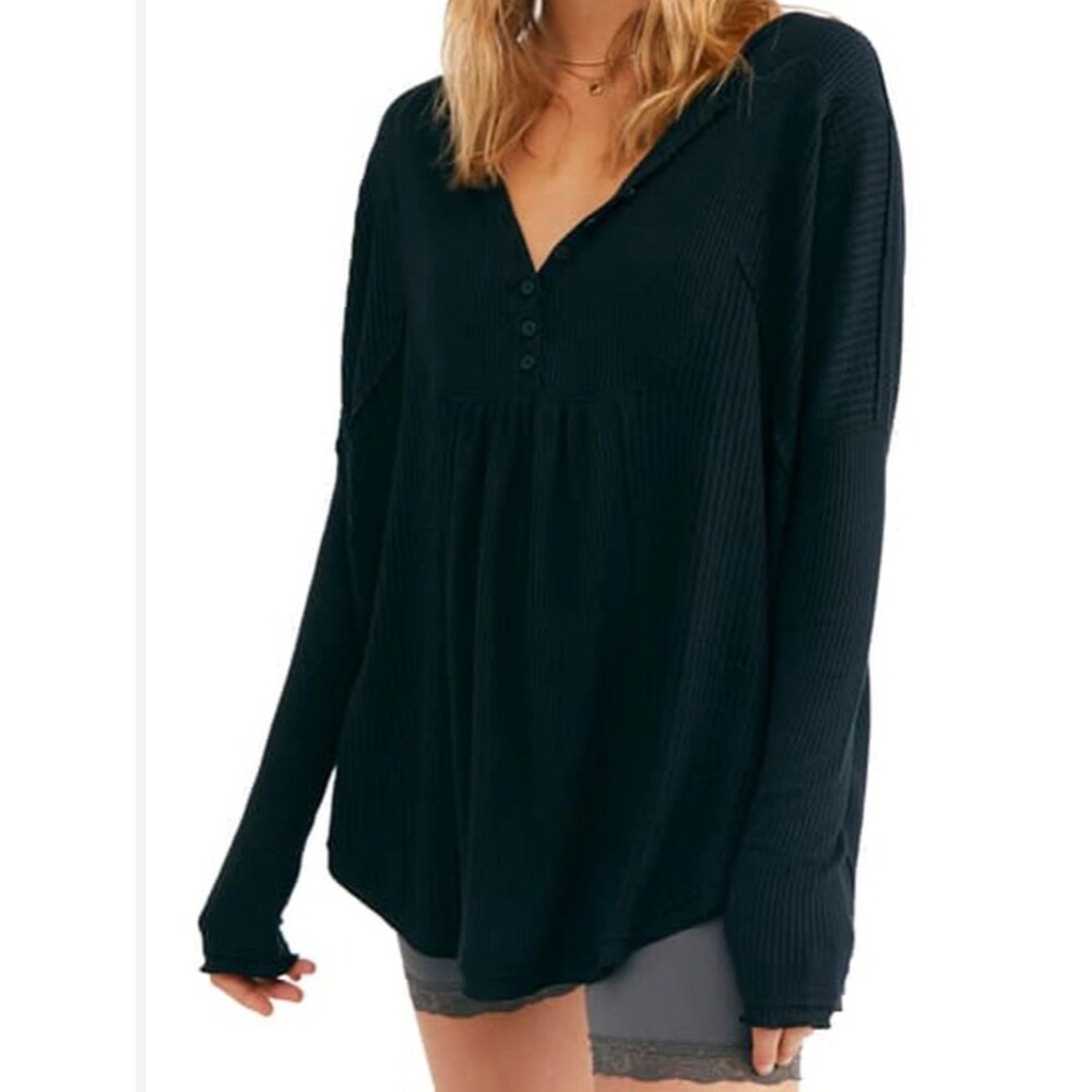 Free People womens Leo Henley Top thermal Henley M waffle oversized relaxed boho